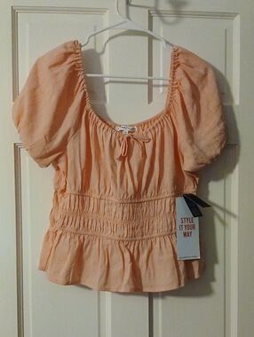Celebrity * Pink Peach Smocked Waist Puff Sleeve Top